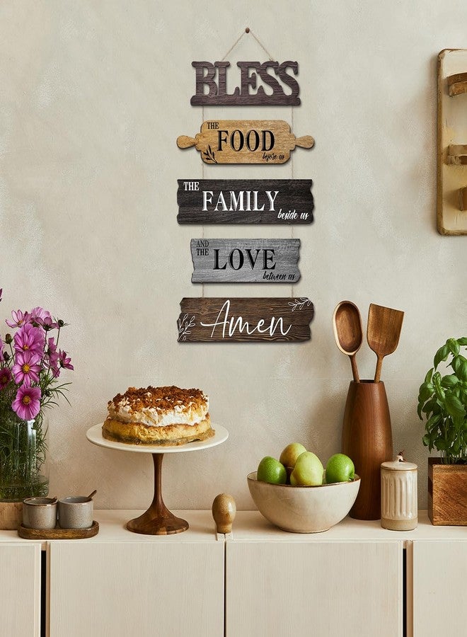 Pigort Kitchen Wall Decor Bless the Food Before Us Dining Room Wall Decor - Farmhouse Wall Art For Kitchen Dining Room- Wooden Rustic 5pcs Roped Sign 12x18 Inches(Brown) - Image 5